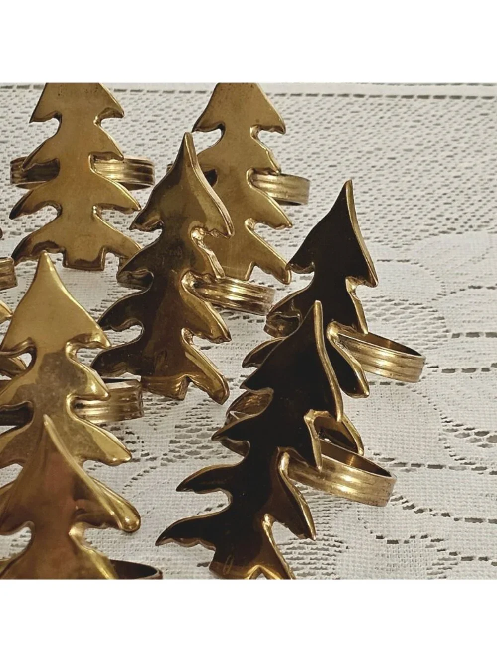 12 Brass Christmas Tree Napkin Rings Holiday Table Decor Gold vintage patina